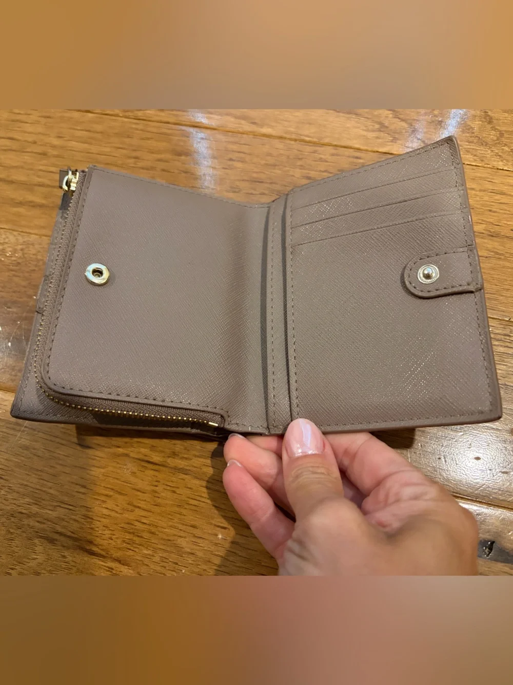 kate spade Compact Taupe Zip Wallet with Logo Plaque